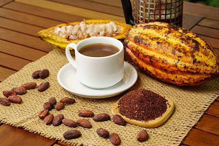 Hot Brewed Cacao Drink, Raw Cocoa Fruit, Cacao Beans, Nibs On Ta